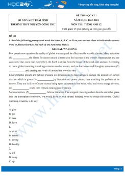 Đề thi HK2 môn Tiếng Anh 12 năm 2023-2024 có đáp án Trường THPT Nguyễn Công Trứ