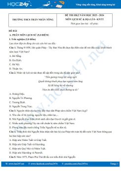 Đề thi HK2 môn Lịch sử và Địa lí 8 KNTT năm 2023-2024 có đáp án trường THCS Trần Nhân Tông