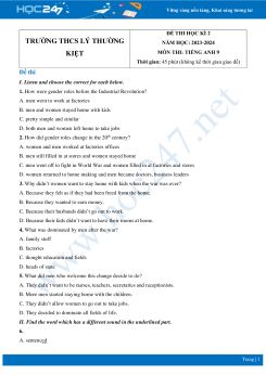 Đề thi HK2 môn Tiếng Anh 9 năm 2023-2024 có đáp án Trường THCS Lý Thường Kiệt