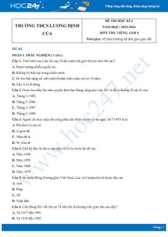Đề thi HK2 môn Lịch sử 9 năm 2023-2024 có đáp án Trường THCS Lương Định Của