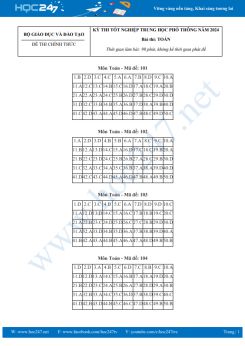 Đáp án chính thức môn Toán thi tốt nghiệp THPT năm 2024